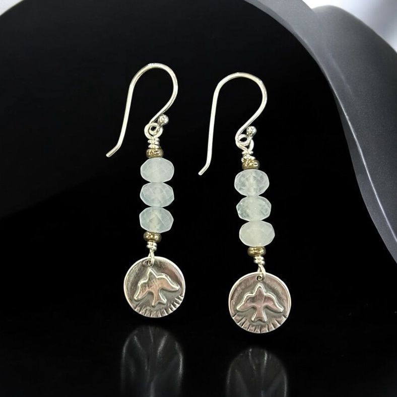 LLS Earrings Aquamarine Rondelles with a Silver Bird In Flight Charm