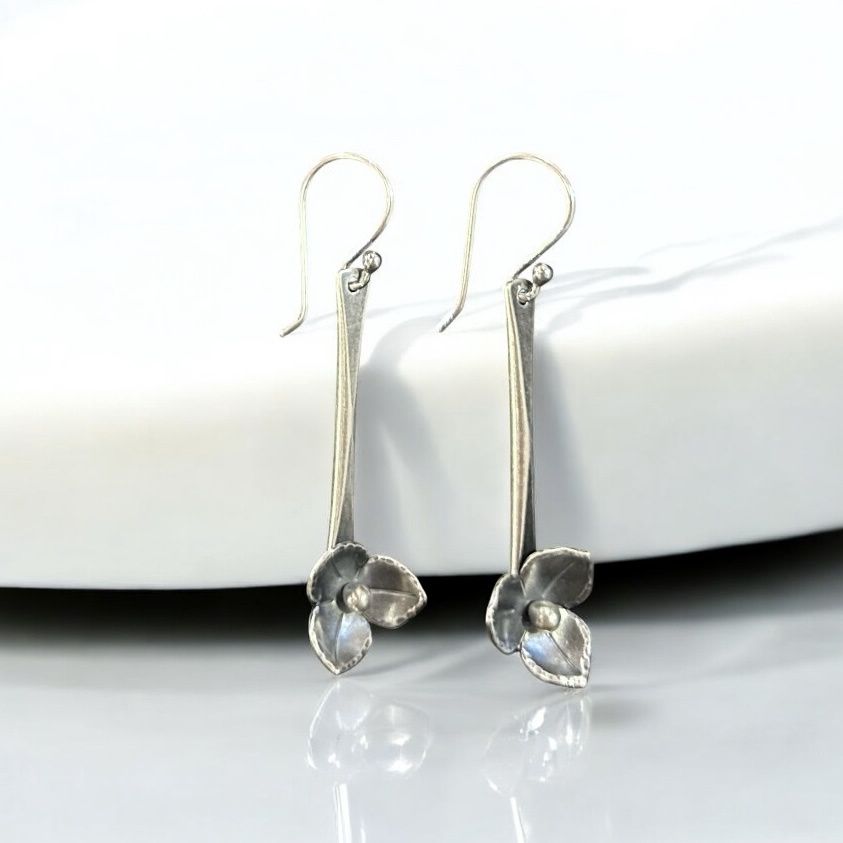 LLS Earrings Dange Long Tapered Reed with Silver Flower
