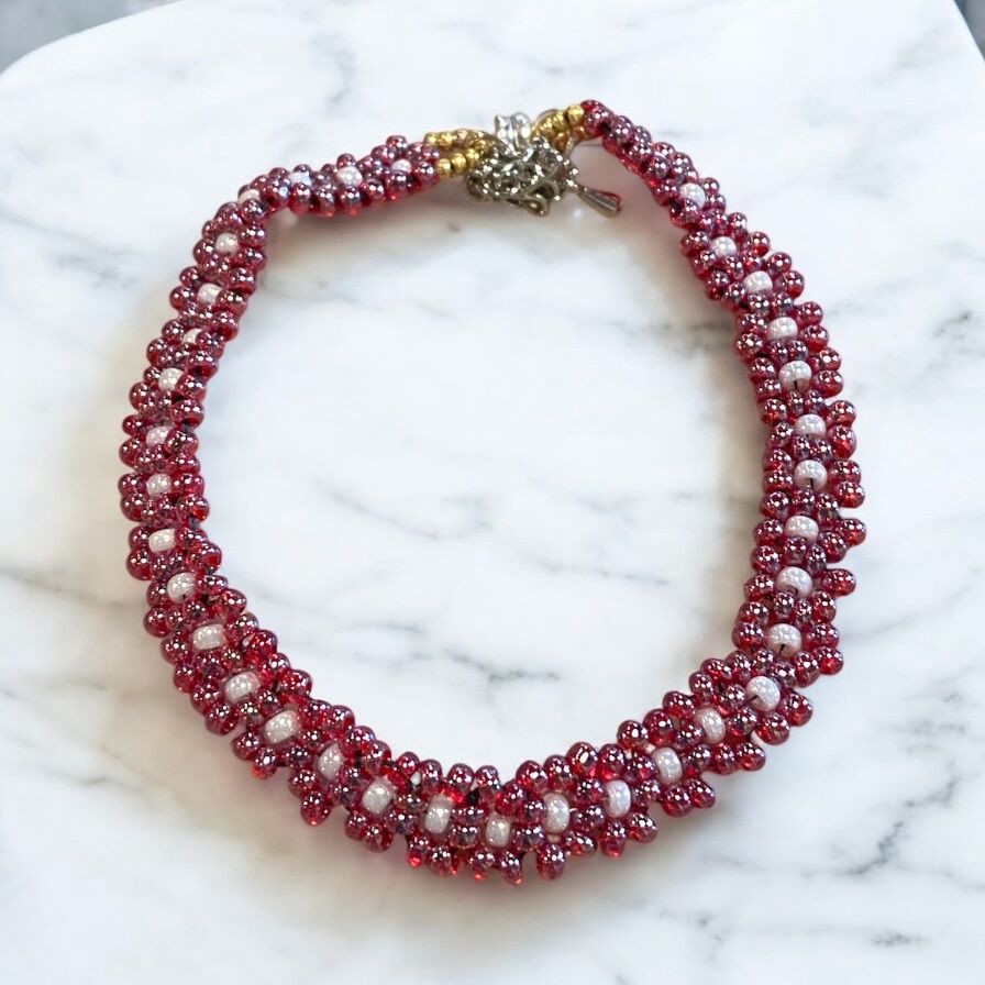Boerman Bracelet Red Seed Beads w/ White Pearly Beads