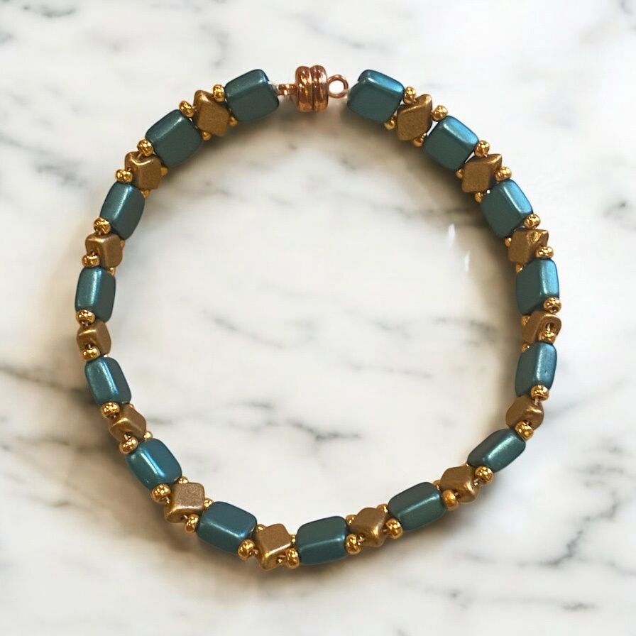 Boerman Bracelet Dark Teal Square &amp; Gold Diamonds