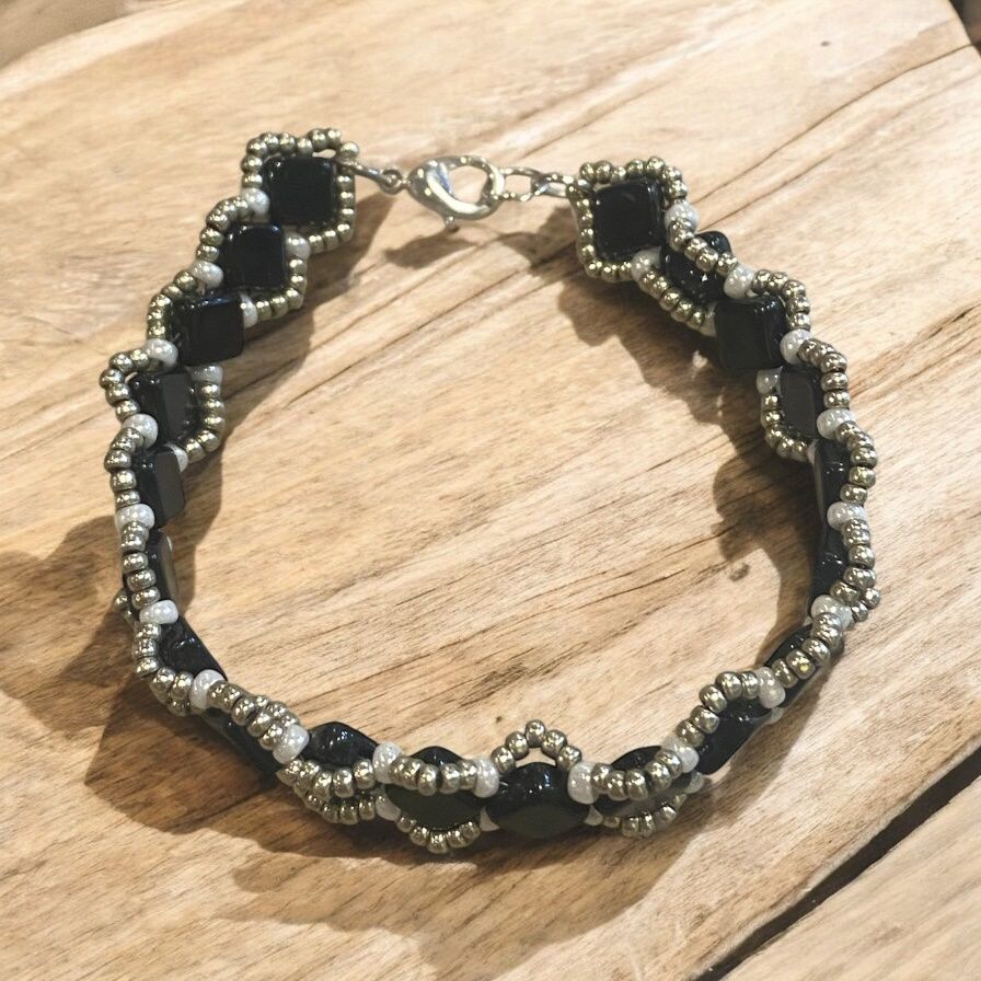 Boerman Bracelet Black Squares w/ Silver &amp; White Seed Beads