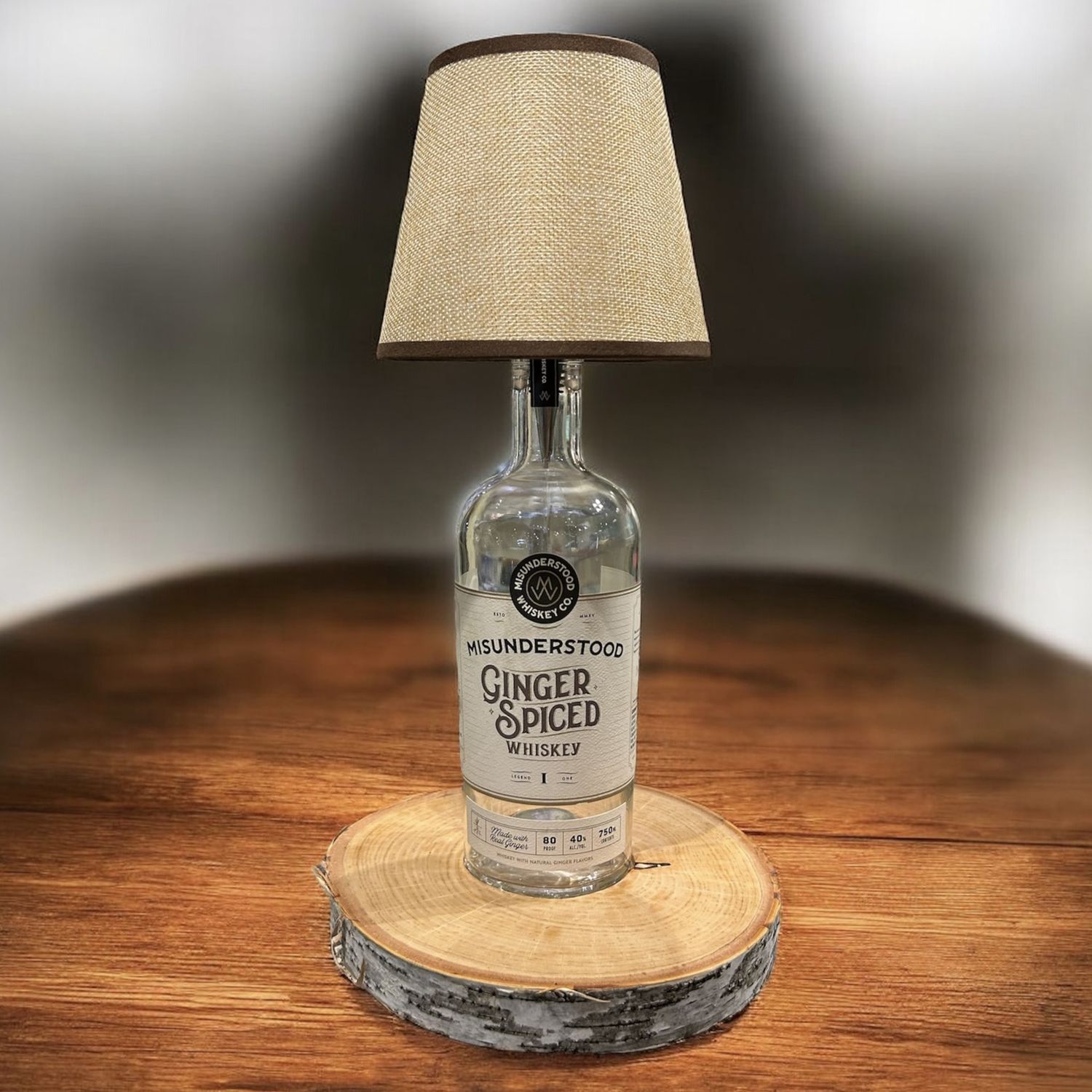 Muntz Whiskey Bottle Rechargeable Lamp on Wood Base