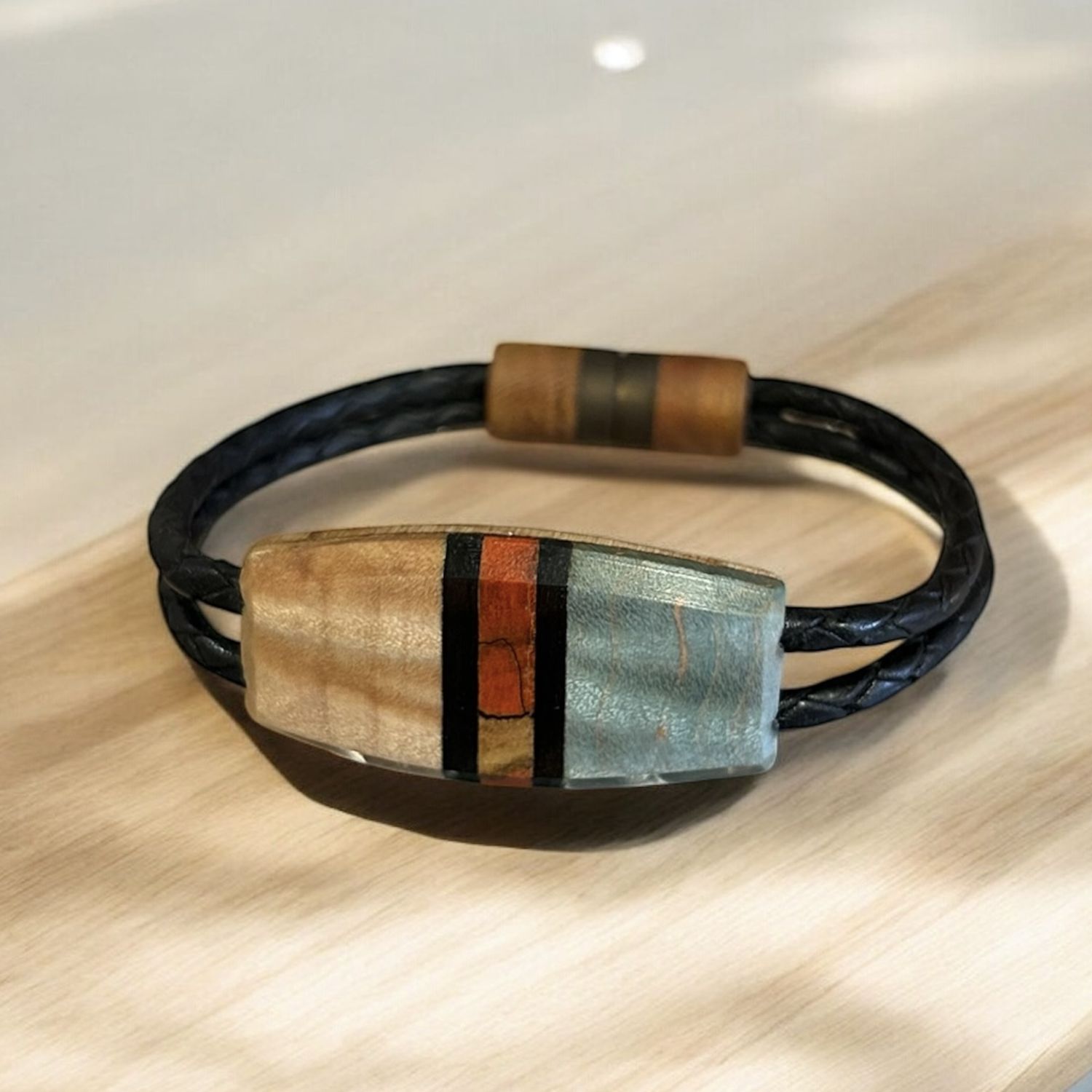 Leblanc Leather and Wood Bracelet Symmetry Green, Tan XS