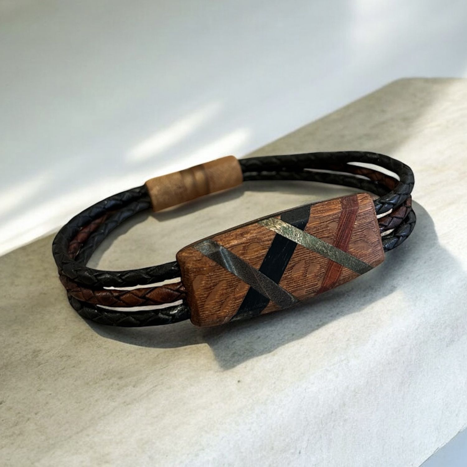 Leblanc Leather and Wood Bracelet Abstract Ebony, Green, Red XL 1