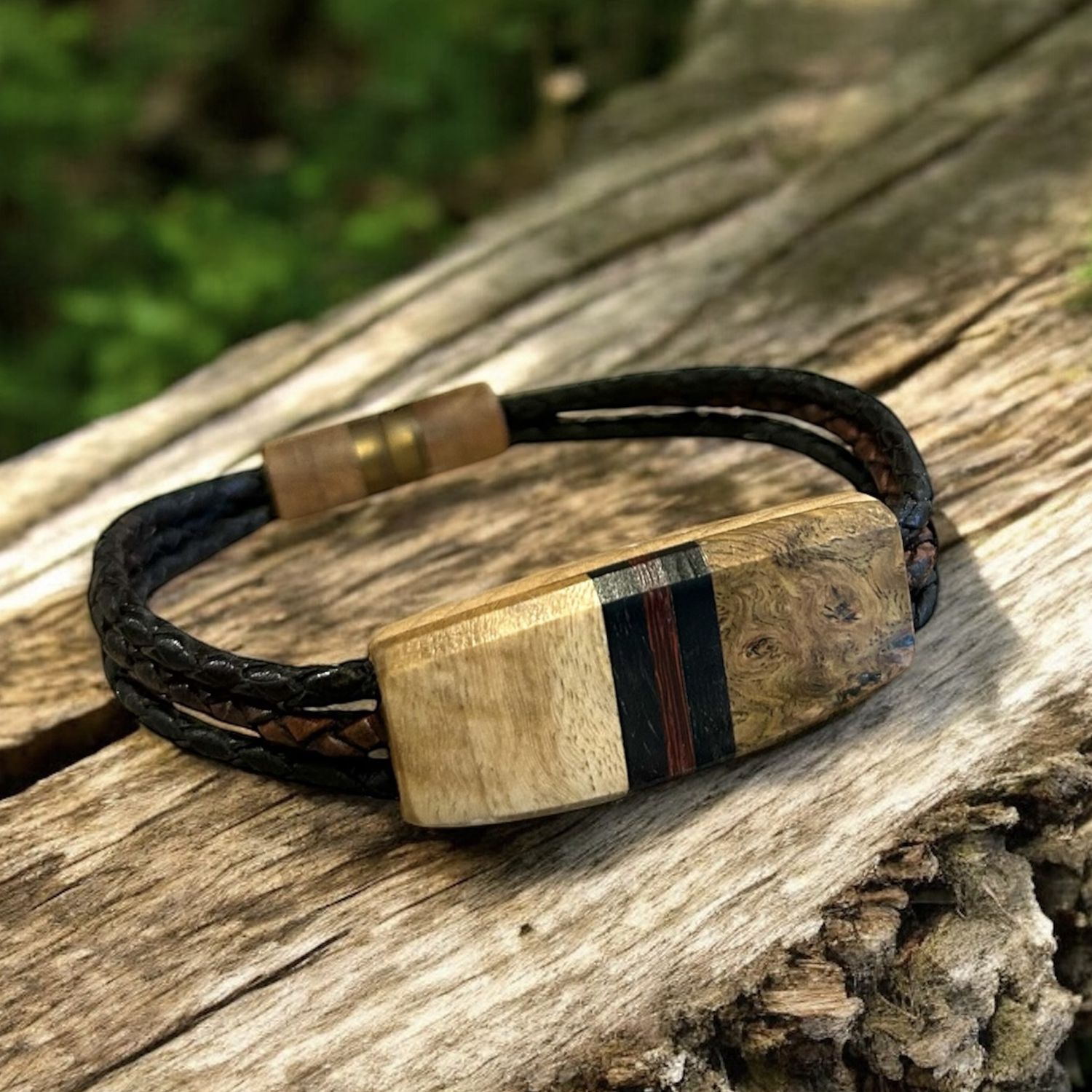 Leblanc Leather and Wood Bracelet Symmetry  Tan, Ebony and Red XL