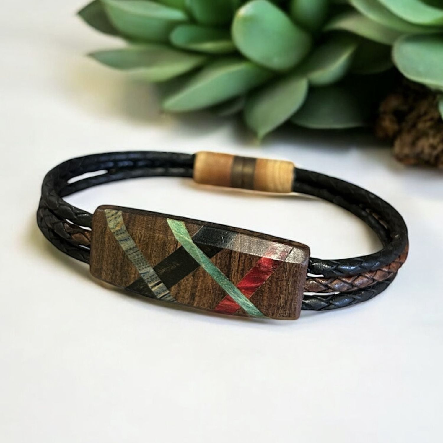Leblanc Leather and Wood Bracelet Abstract Ebony, Green, Red XL