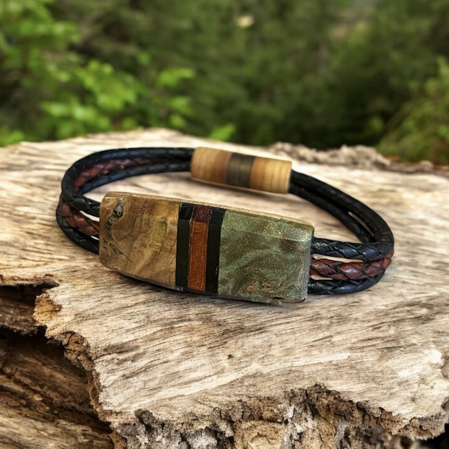 Leblanc Leather and Wood Bracelet Symmetry Green, Tan  Med