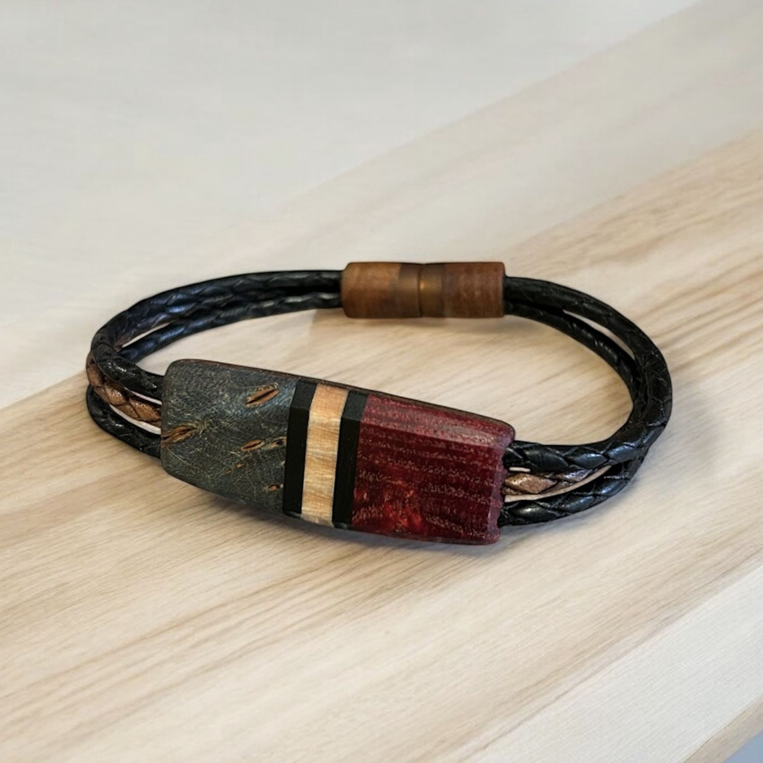 Leblanc Leather and Wood Bracelet Symmetry Green, Red Large