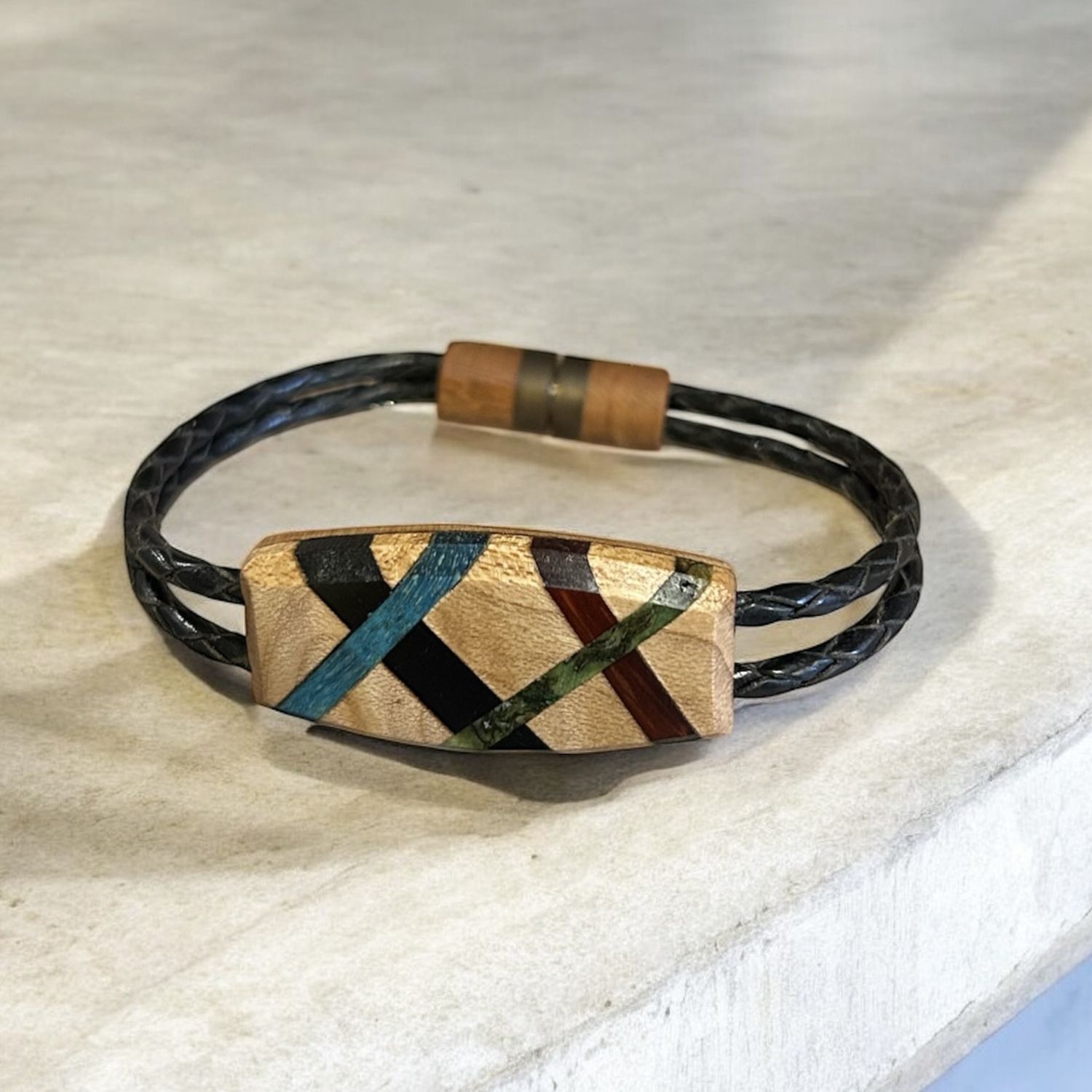 Leblanc Leather and Wood Bracelet Abstract Ebony, Green, Red Small