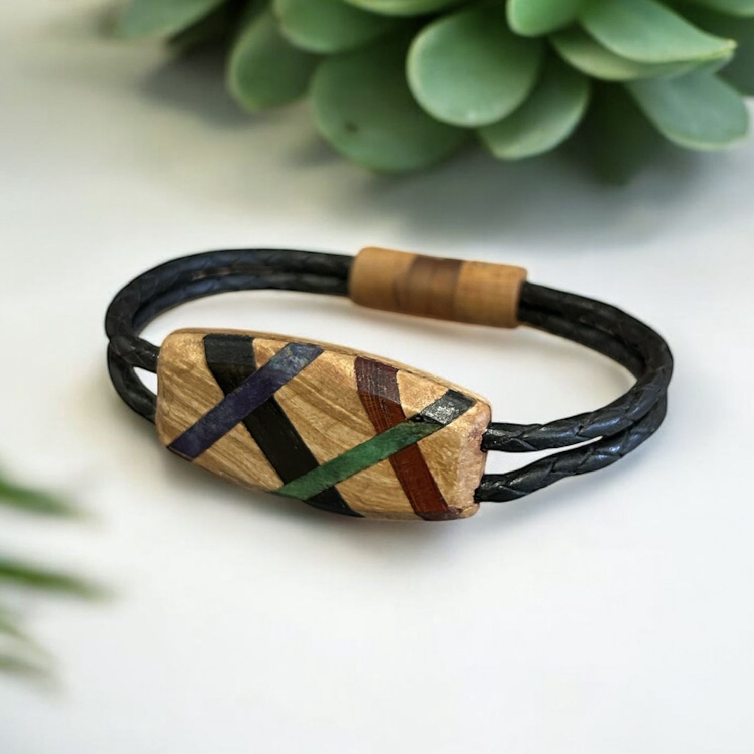 Leblanc Leather and Wood Bracelet Abstract Ebony, Green, Red XSmall
