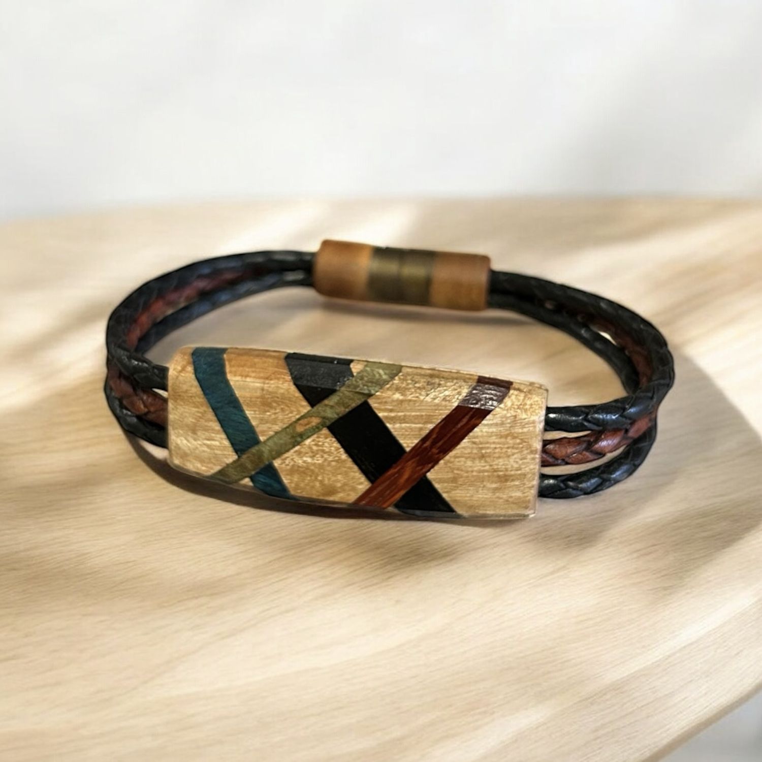 Leblanc Leather and Wood Bracelet Abstract Ebony, Green, Red Medium