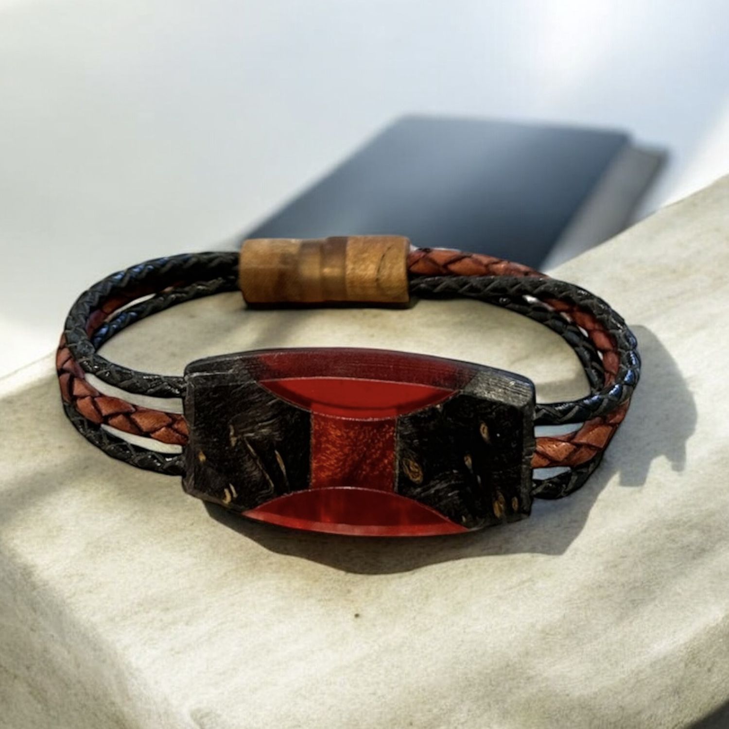 Leblanc Leather and Wood Bracelet Ellipse Red XSmall