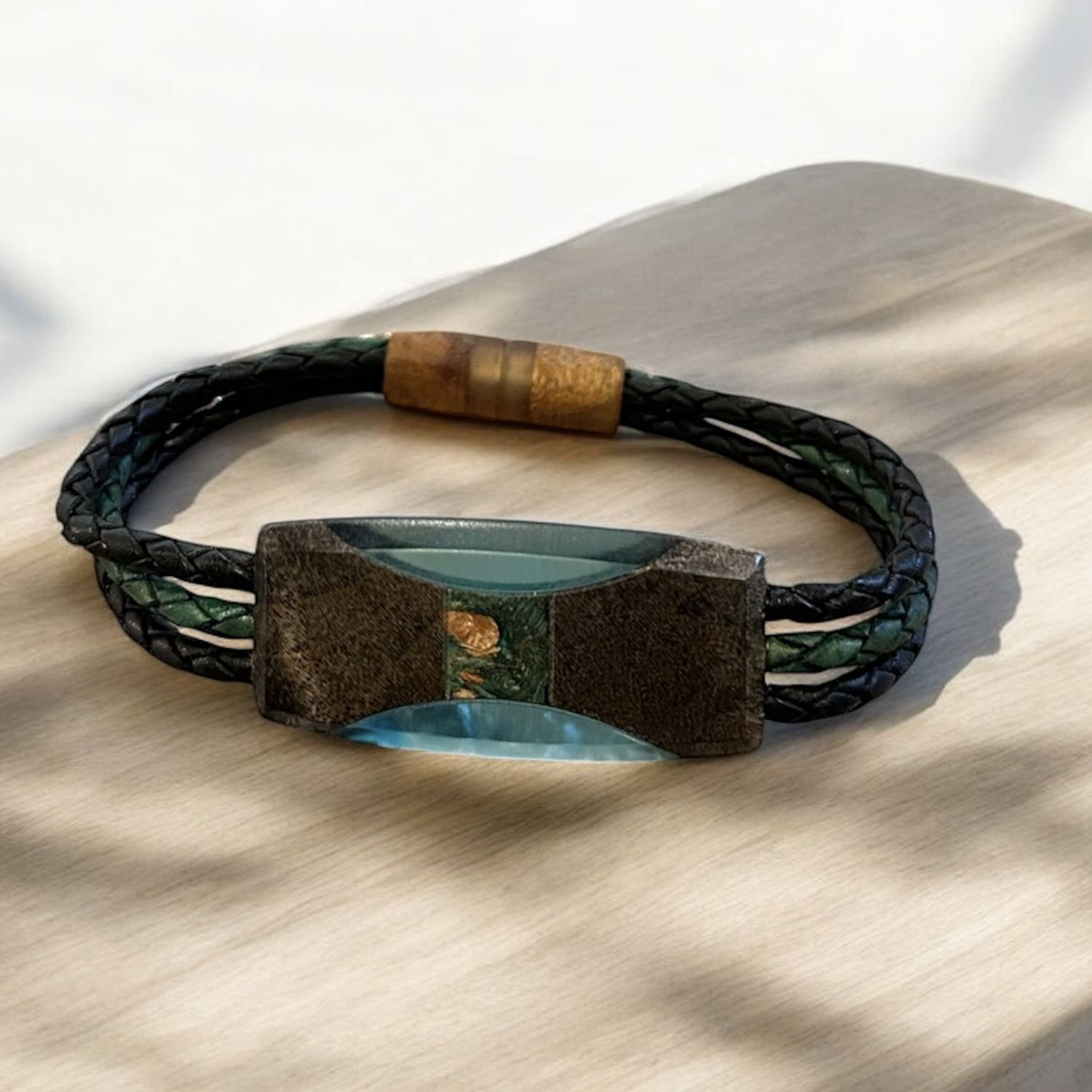 Leblanc Leather and Wood Bracelet Ellipse Green X Large