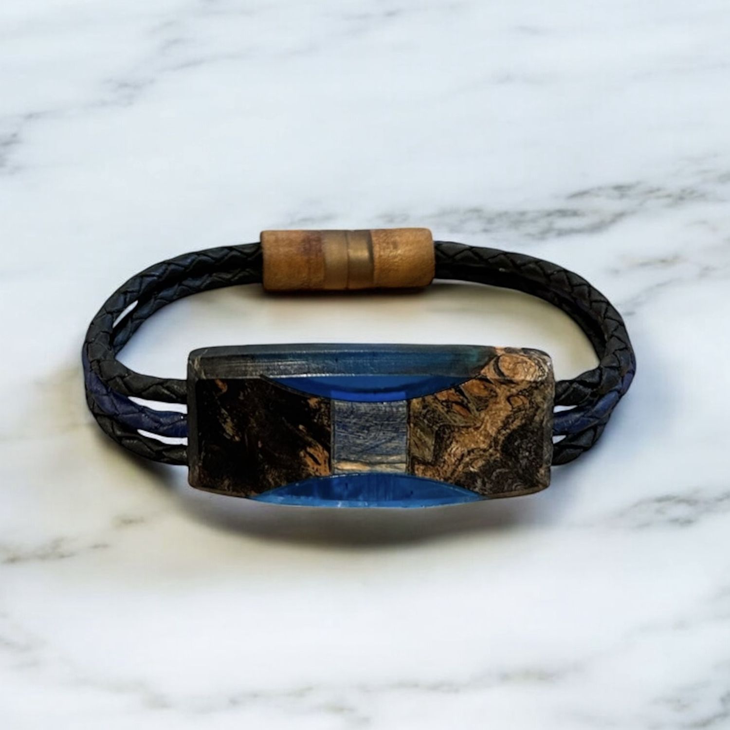 Leblanc Leather and Wood Bracelet Ellipse Blue Medium