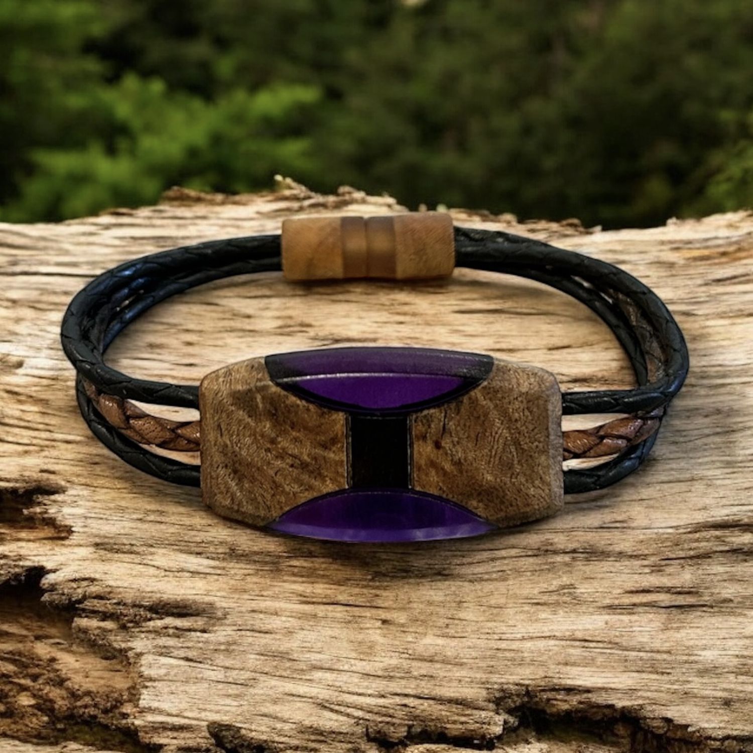 Leblanc Leather and Wood Bracelet Ellipse Purple Small