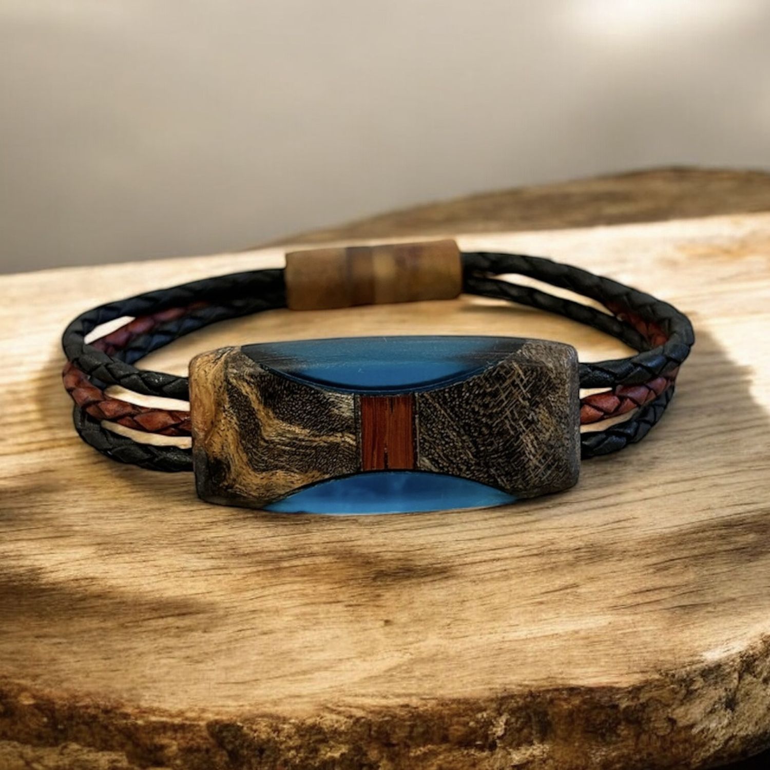 Leblanc Leather and Wood Bracelet Ellipse Blue Large