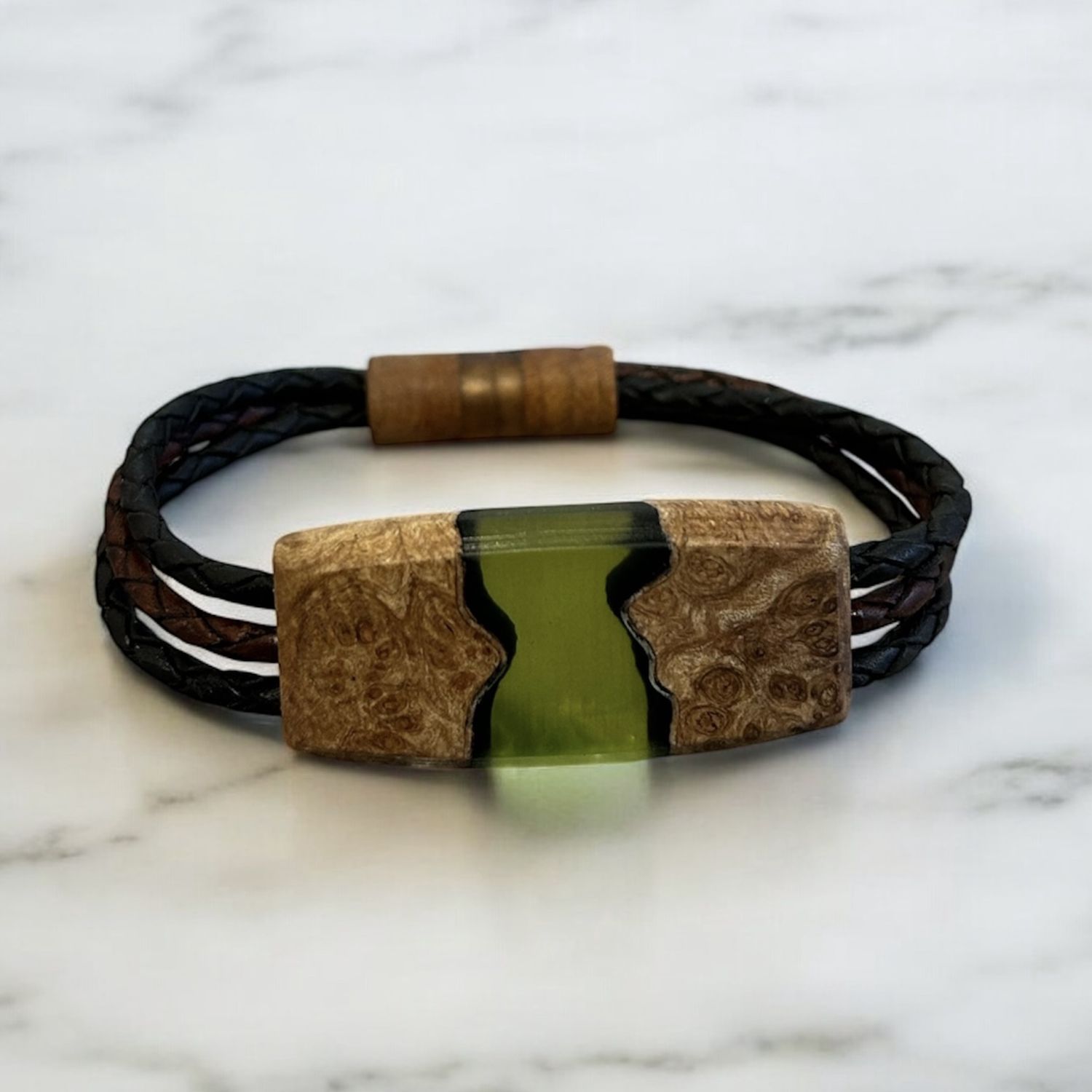 Leblanc Leather and Wood Bracelet River Green Medium