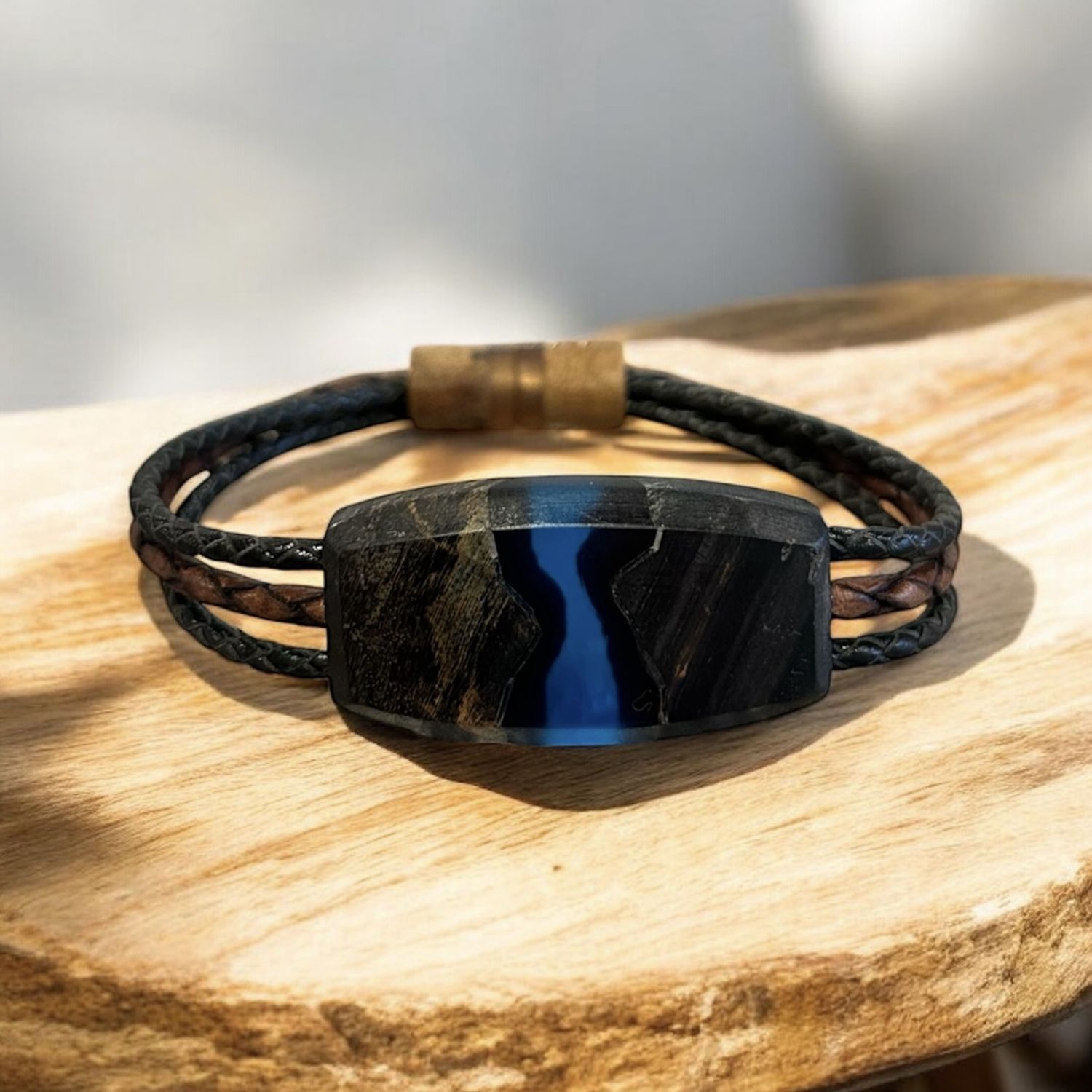Leblanc Leather and Wood Bracelet River Blue Small