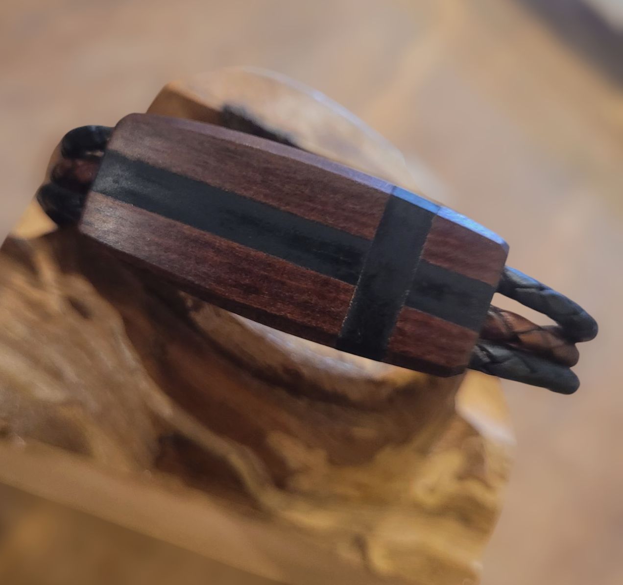 Leblanc Leather and Wood Bracelet Cross Ebony Medium