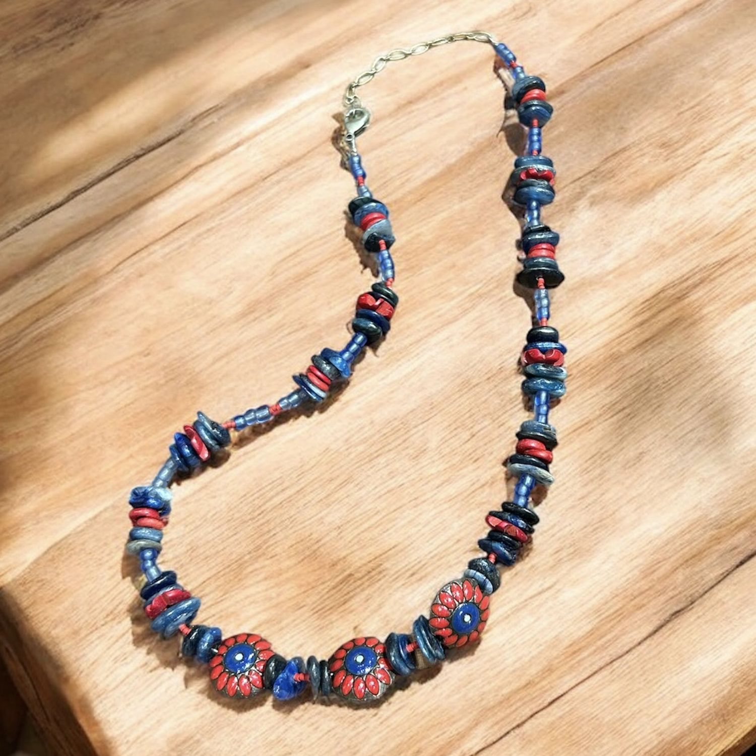Nadeau Necklace Blue &amp; Red Polymer Clay w/ Kyanite &amp; African Wood Beads
