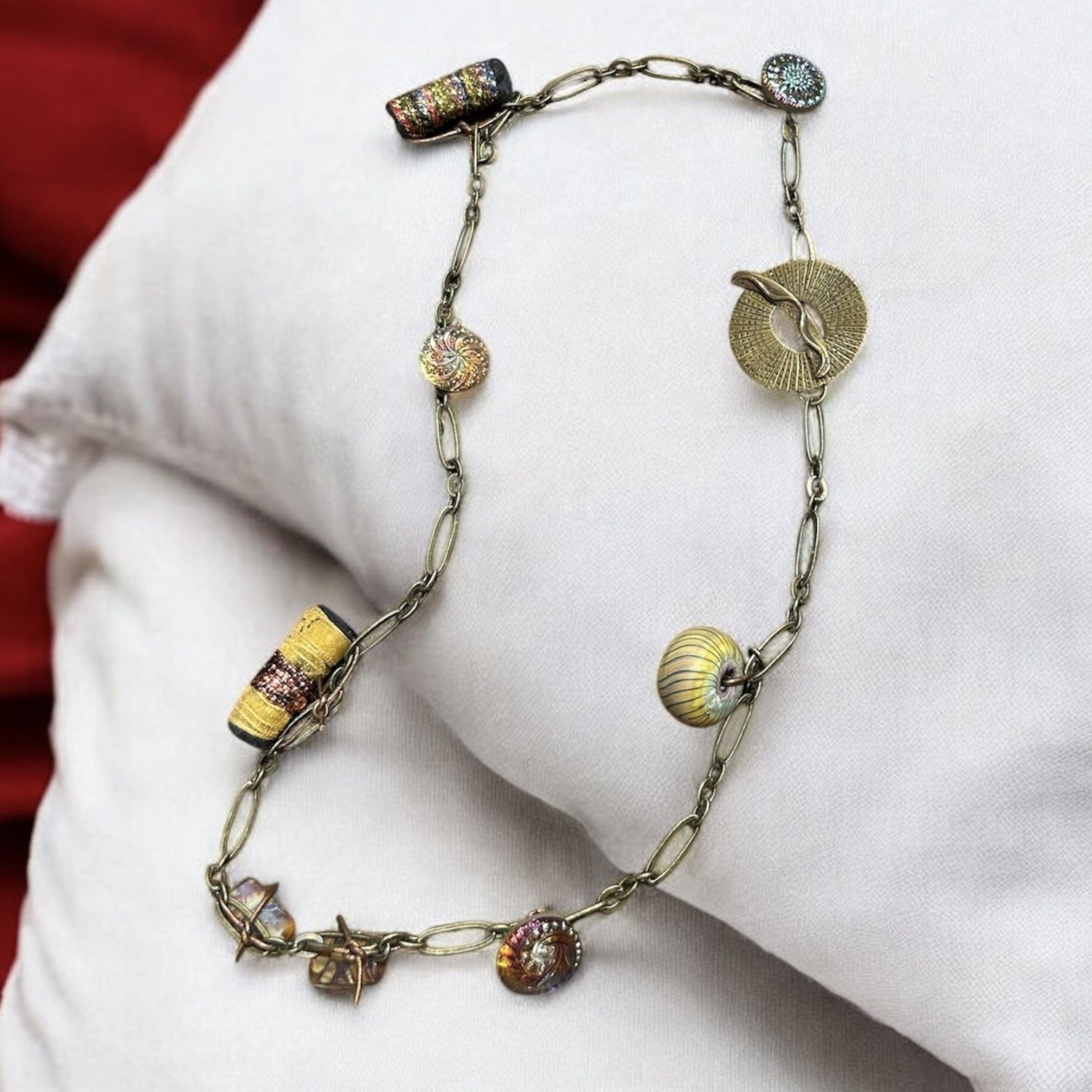 Nadeau Necklace Brass Toggle, Fabric Beads, Lampwork Glass
