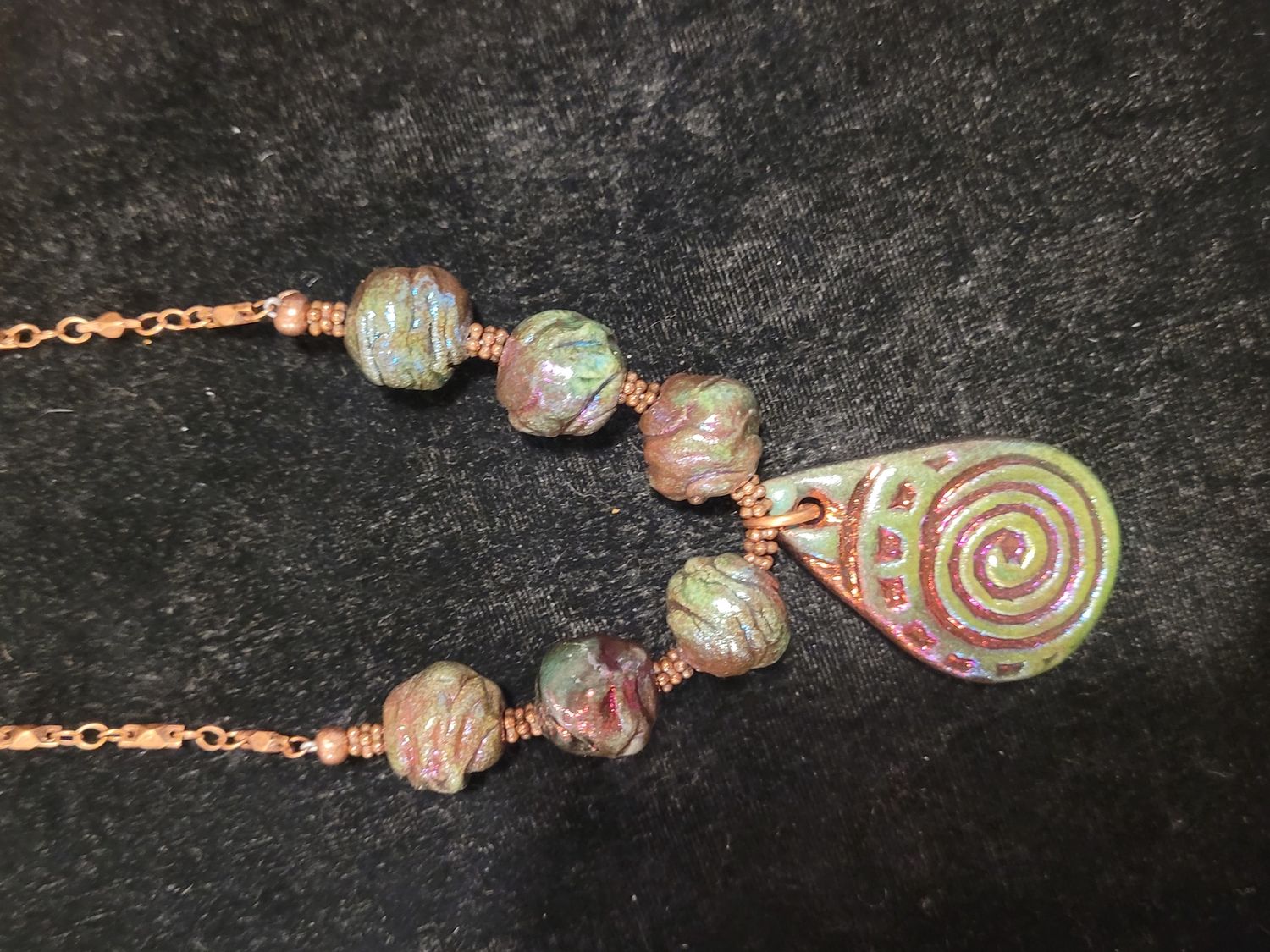 Whitney Necklace Green/Blue Raku Teardrop and Beads