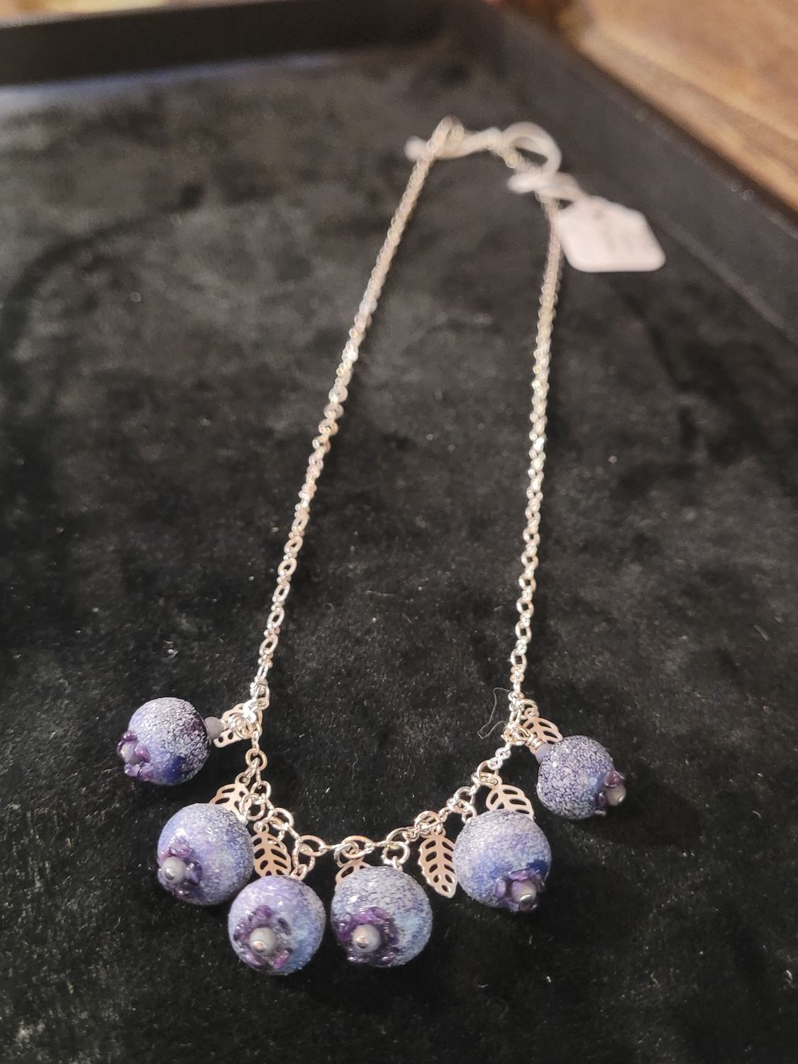 Whitney Necklace Purple/Gray Lampwork Beads on Silver Chain