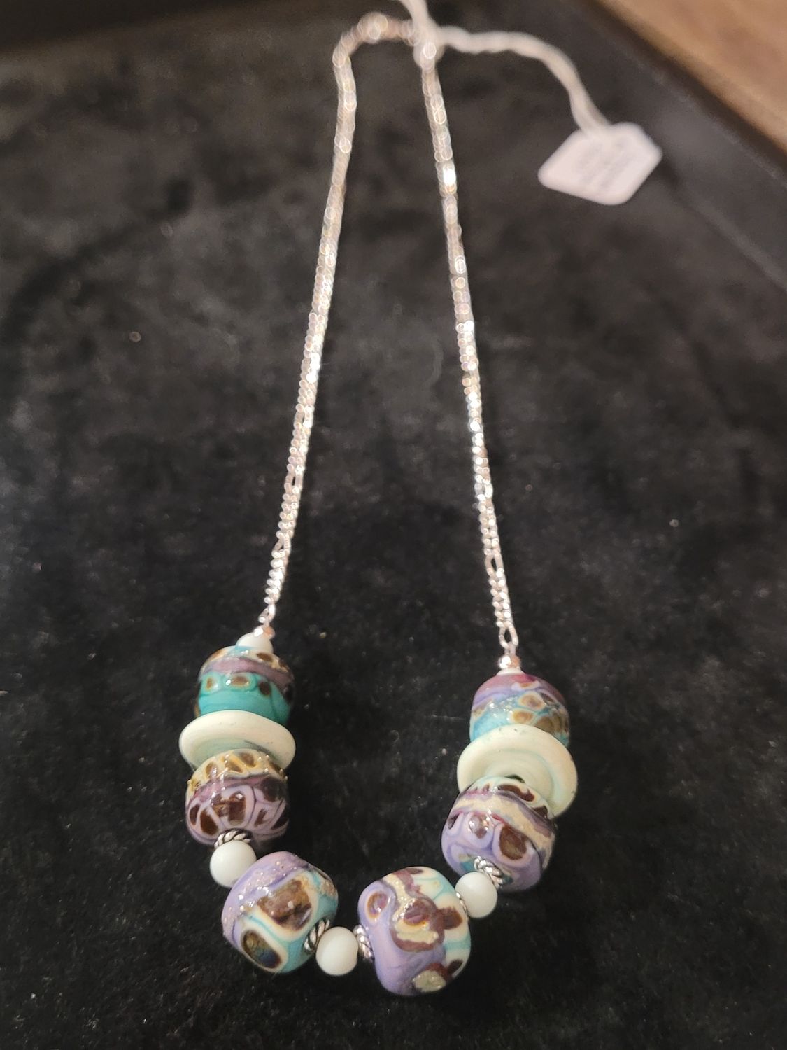 Whitney Necklace Green/Purple Lampwork and African Glass Silver Chain