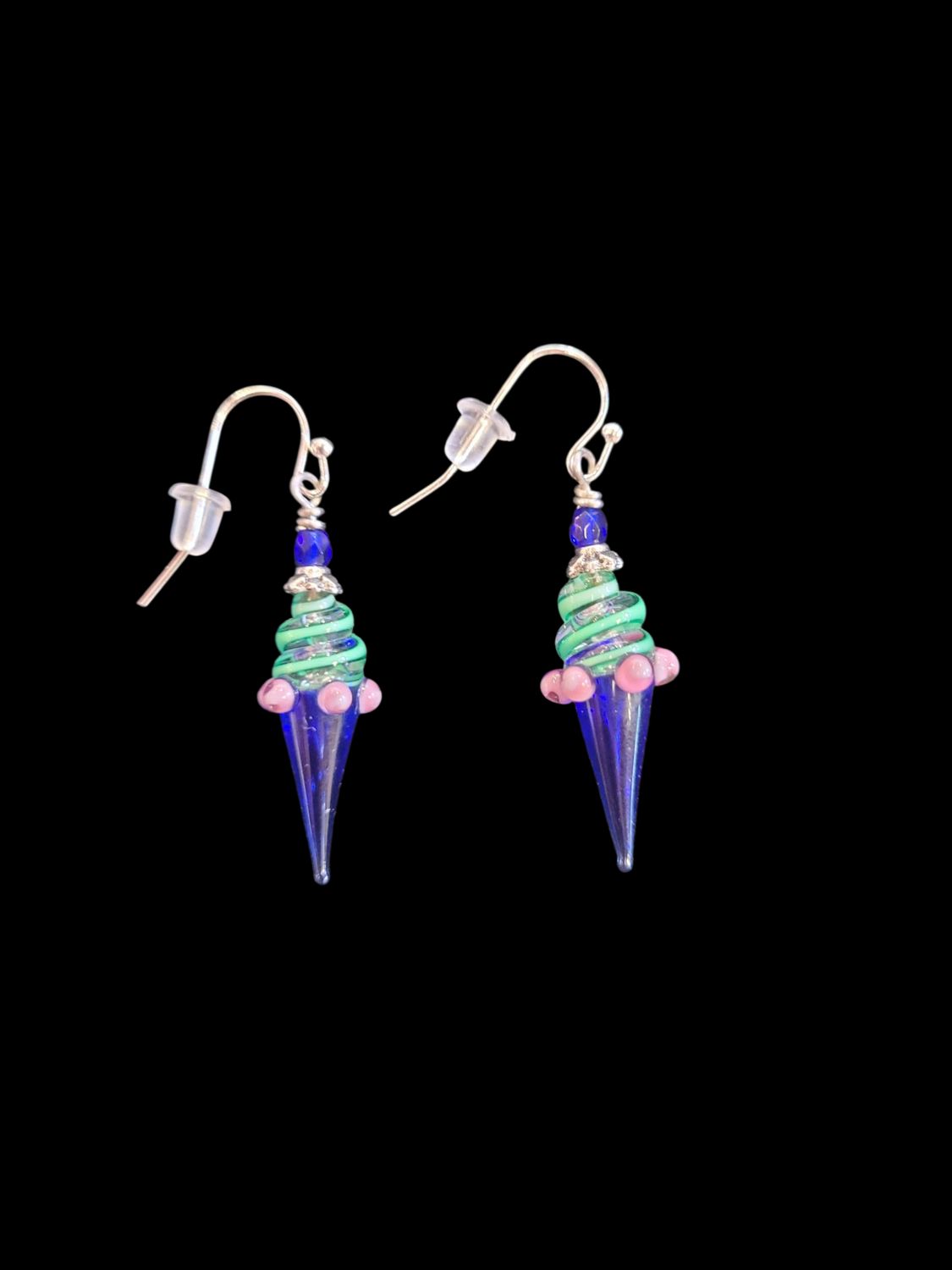 Whitney Earrings Blue and Green &quot;Cone&quot; lampwork