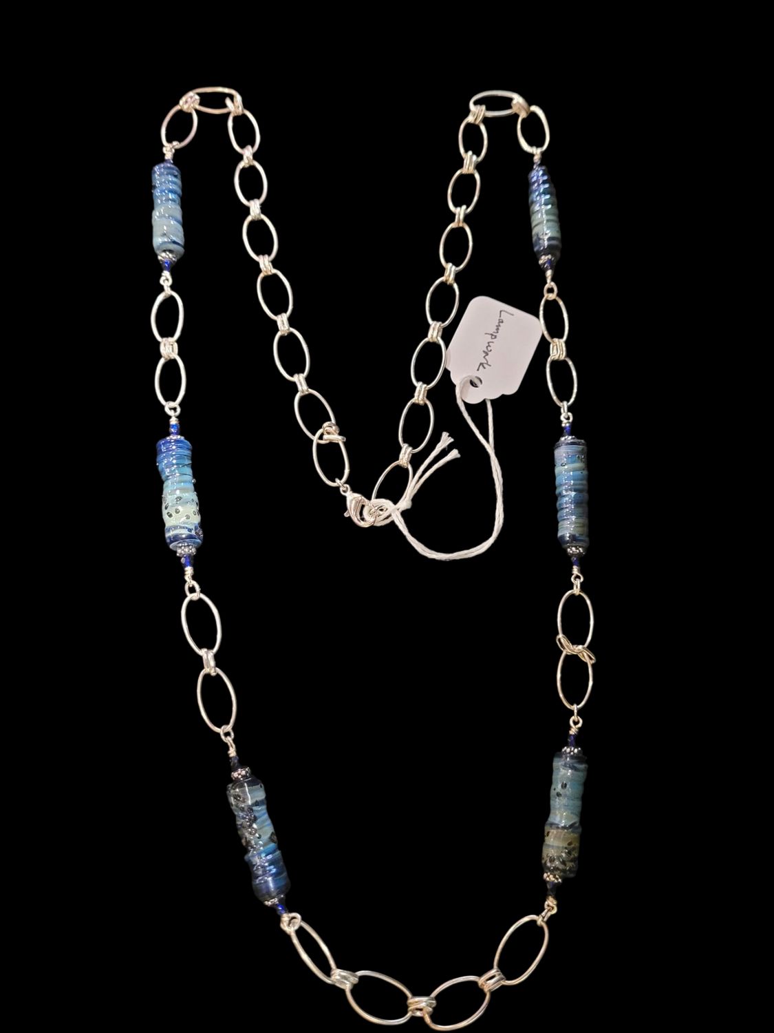Whitney Necklace Blue Oblong Lampwork Beads on Silver Chain
