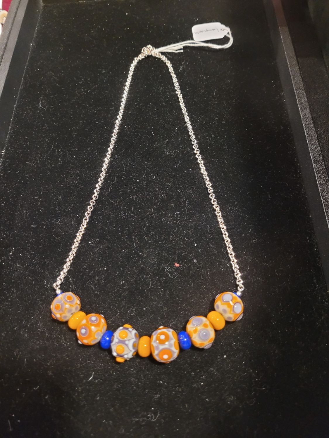 Whitney Necklace Orange and Blue Bubble Lampwork Beads on Silver Chain