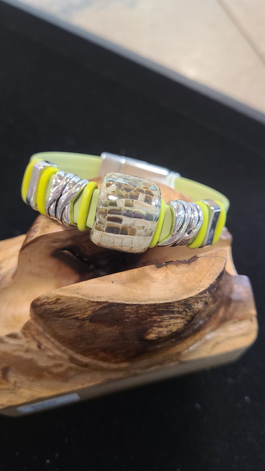 Whitney Bracelet Lime Green Leather with Green and Tan Bead