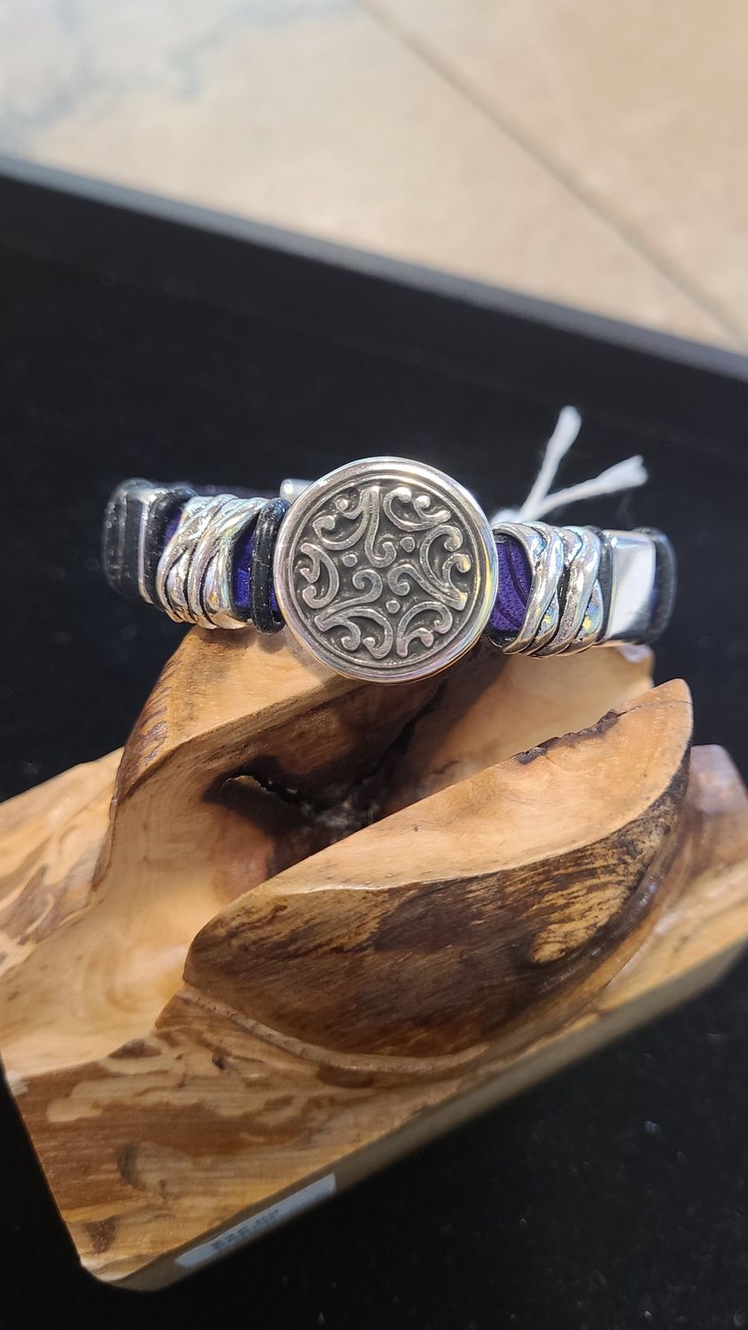 Whitney Bracelet Purple Leather with Leaf Pattern and Silver Medalion Bead