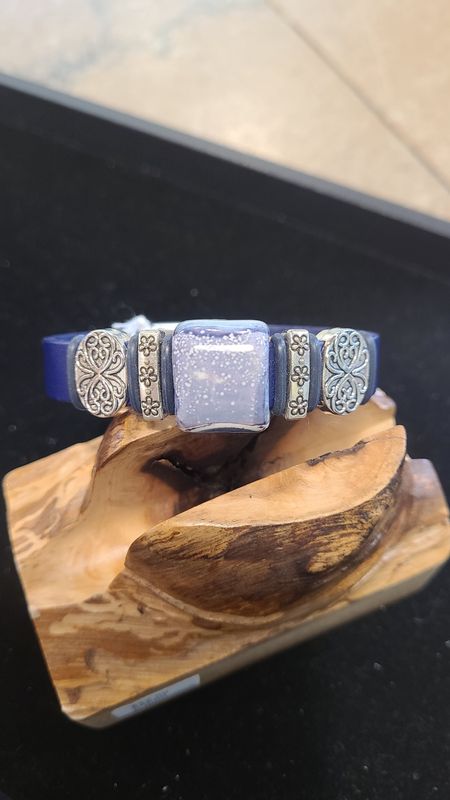 Whitney Bracelet Navy Leather with Blue Bead and Silver
