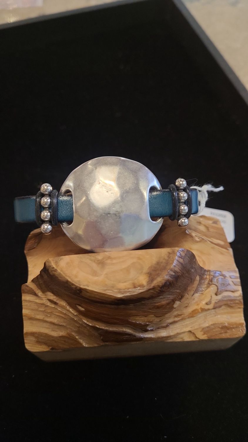 Whitney Bracelet Teal Leather with Large Hammered Oval Bead