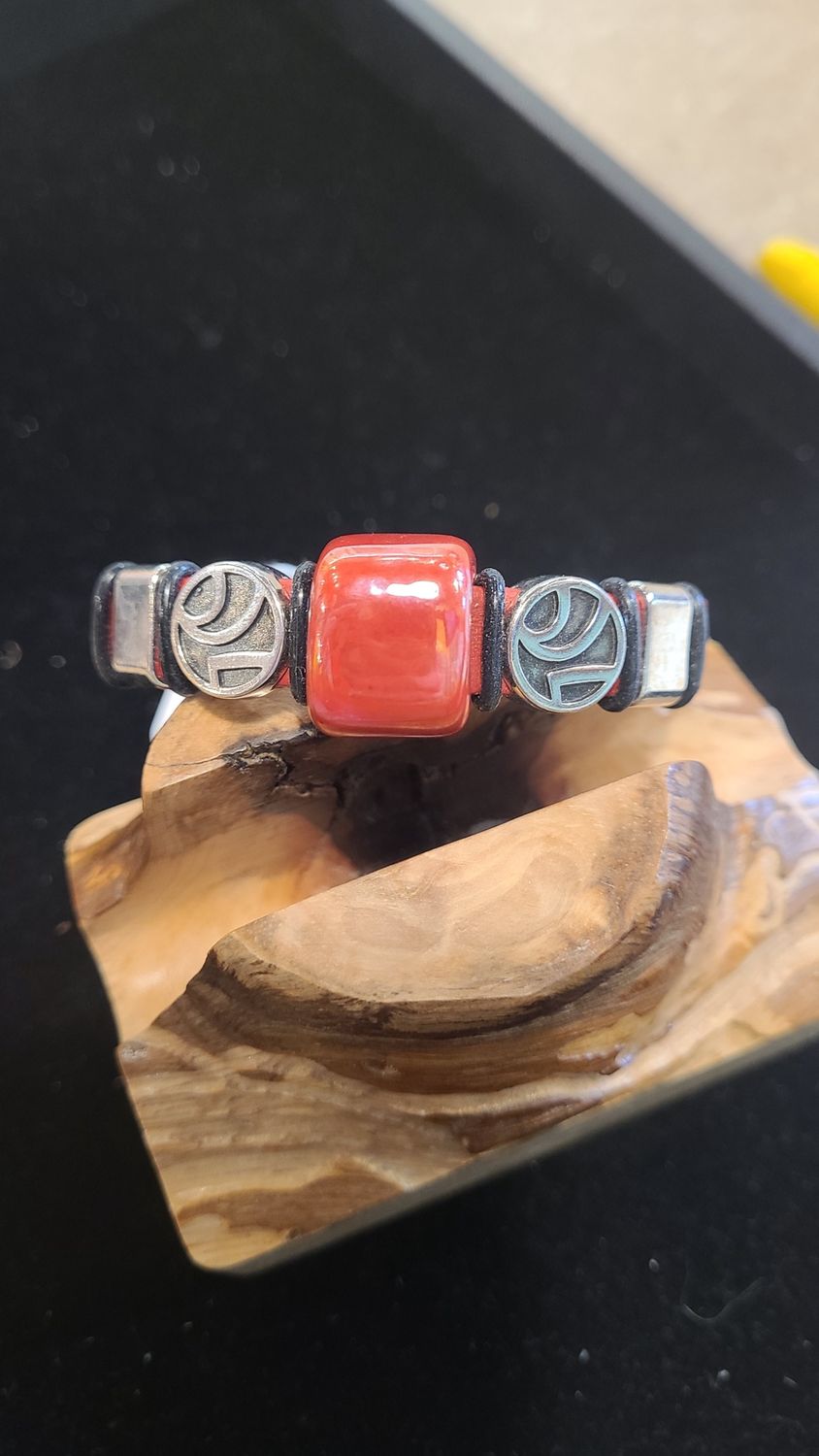 Whitney Bracelet Red Leather Large Square Red Bead