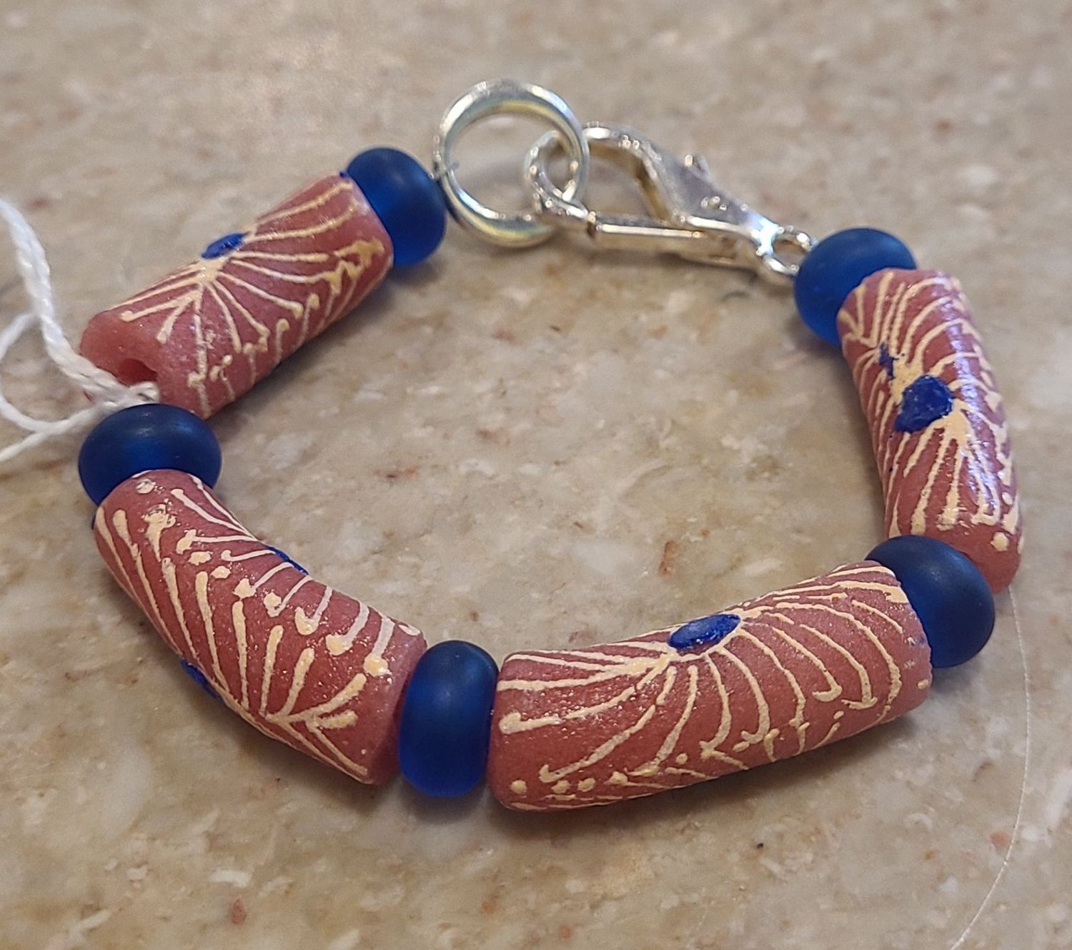 Gerber Bracelet Red/Blue Krobo Bead + Blue Glass Beads