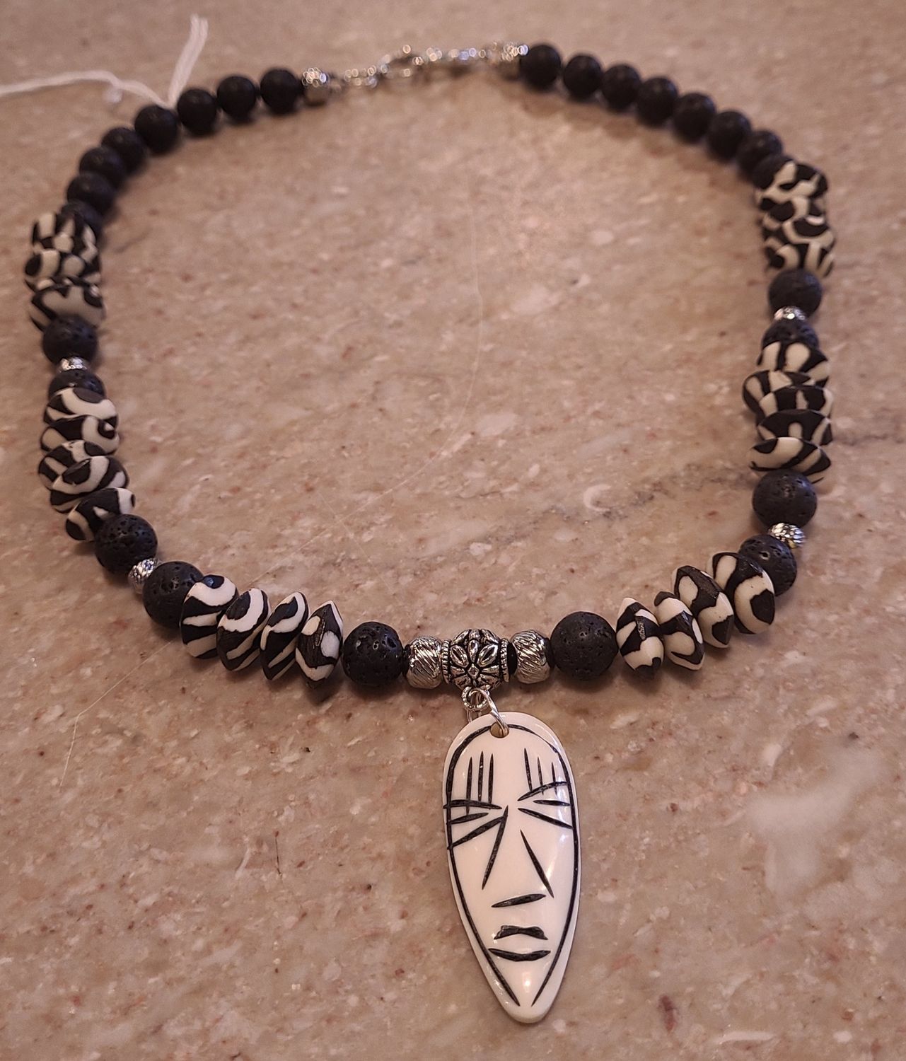 Gerber Necklace African Mask Focal + Lava Beads +Bone Beads