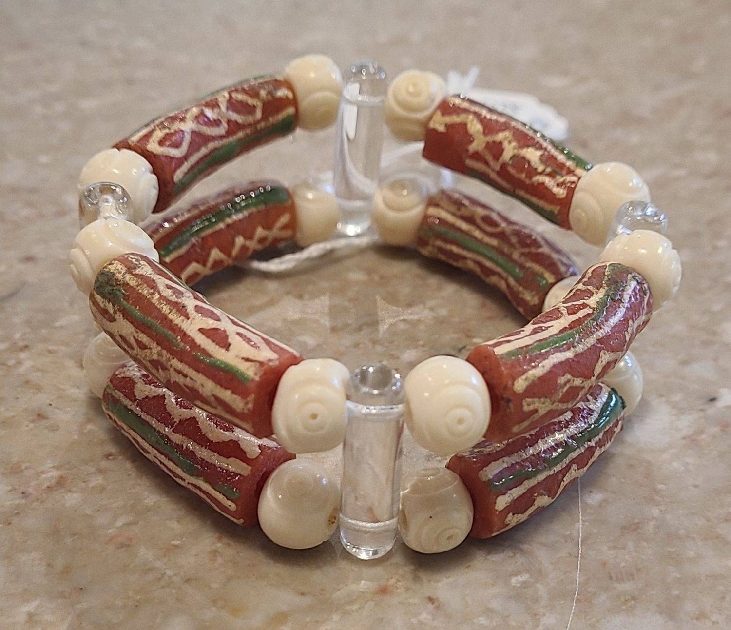 Gerber Necklace Red &amp; Green Krobo Beads with Howlite Spacers and Jade Pentagon Focals