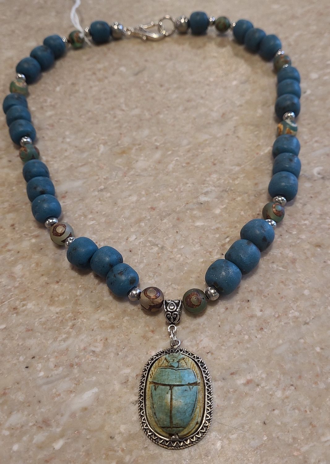 Gerber Necklace Porcelain + Silver Scarab with Blue Krobo Beads
