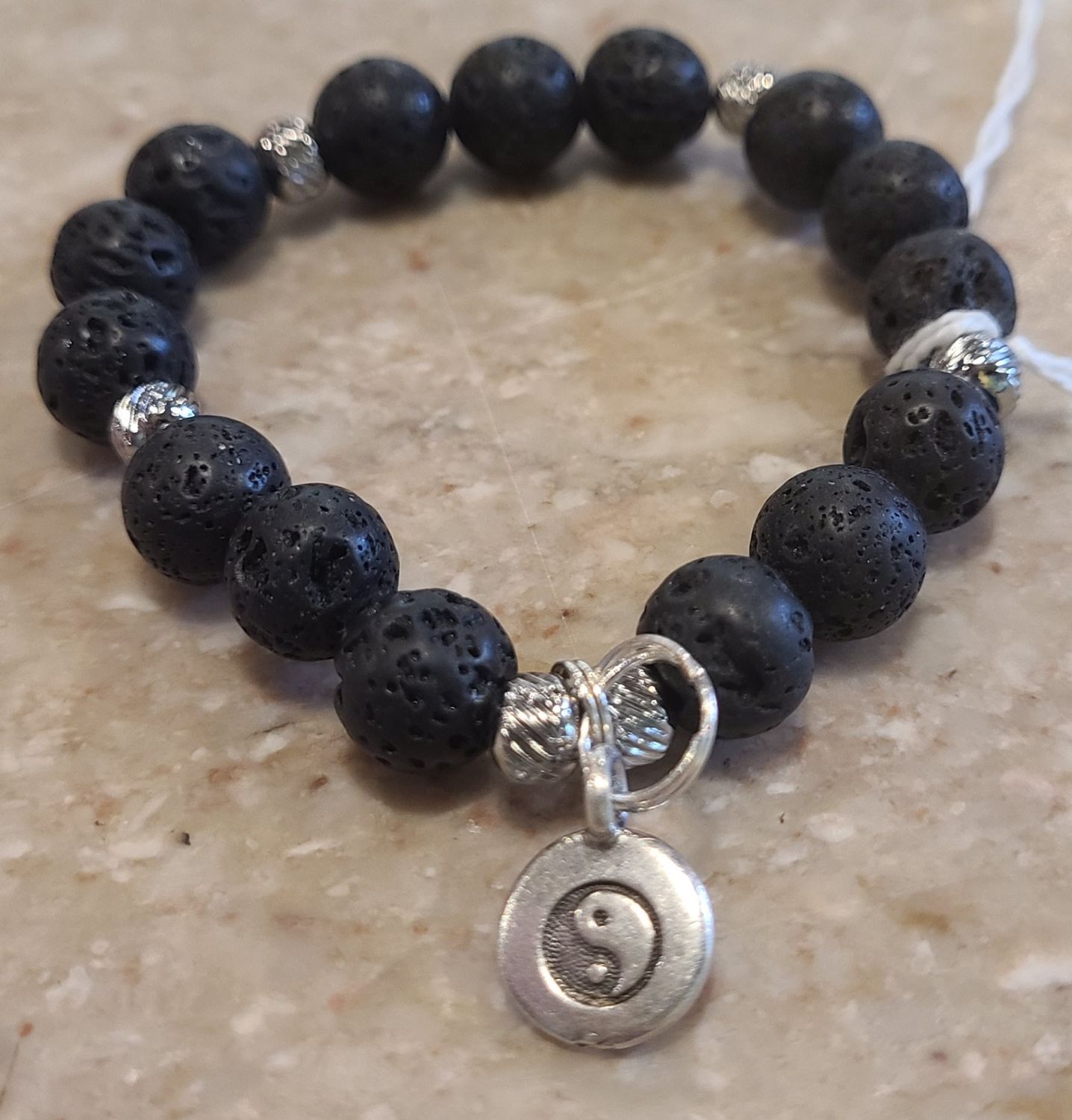 Gerber Stretch Bracelet Lava Beads with Silver Yin-Yang Charm