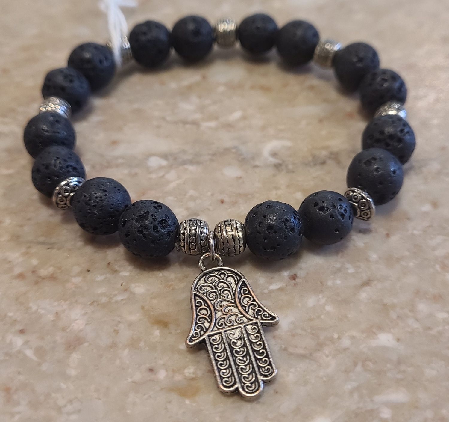 Gerber Stretch Bracelet Lava Beads with Silver Hamsa Charm