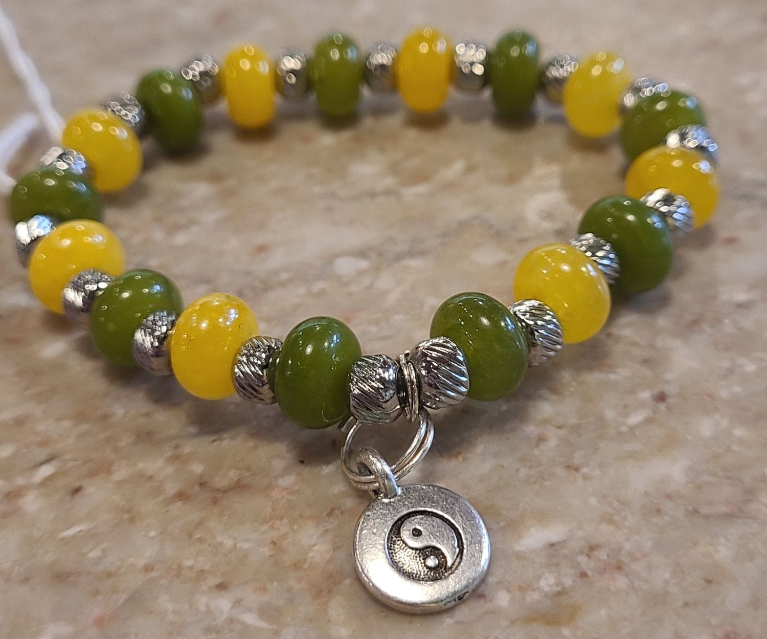 Gerber Stretch Bracelet Yellow + Green Jade Beads with Silver Yin Yang Charm