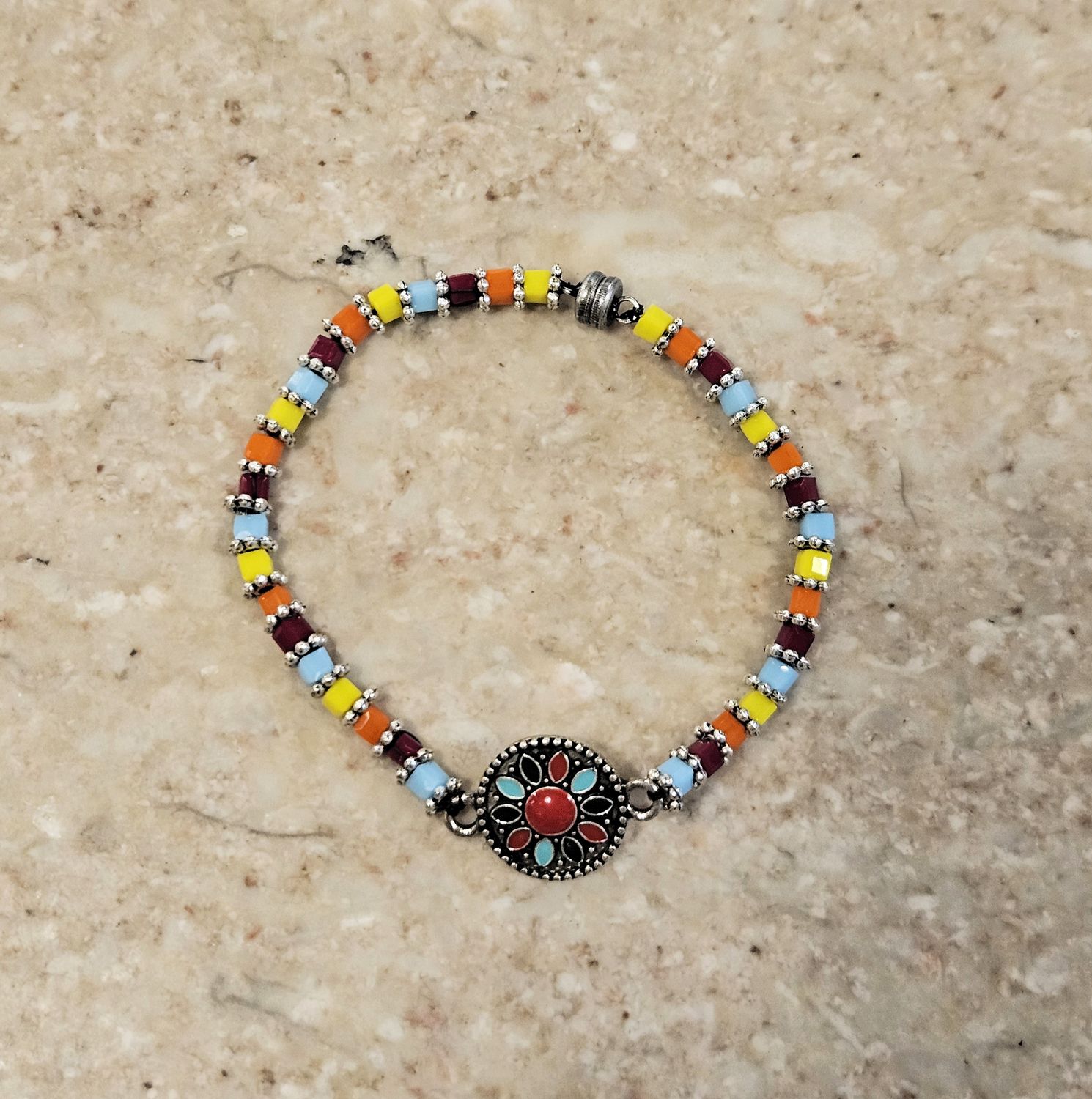 Boerman Bracelet Multi-Colored Beads w/ Flower Medallion
