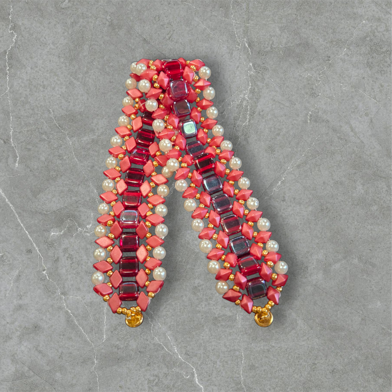 Boerman Bracelet Red Squares &amp; Diamonds w/ Pearls &amp; Gold Beads