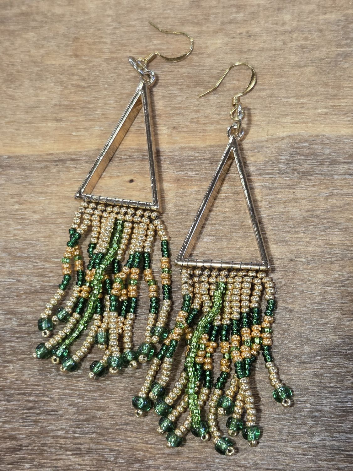 Boerman Earrings Gold Triangle w/ Green &amp; Gold Fringe