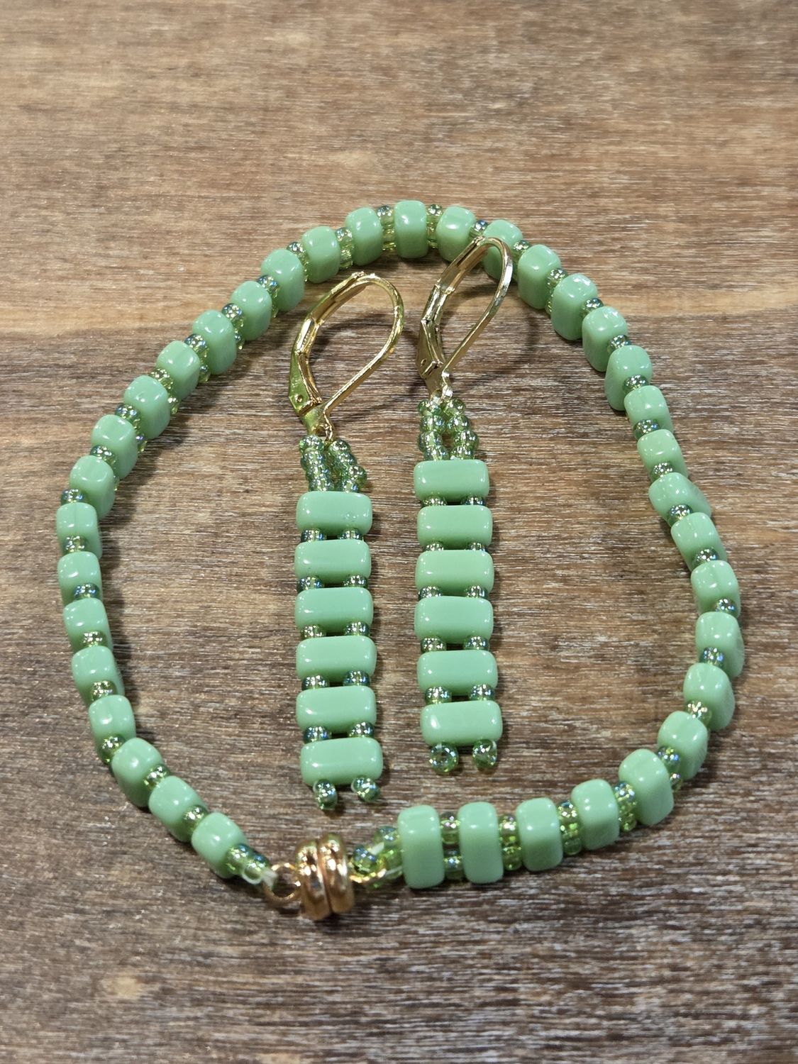 Boerman Bracelet Earring Set Green Bars &amp; Seed Beads