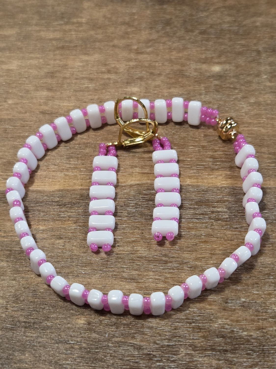 Boerman Bracelet Earring Set White Bars Pink Seed Beads