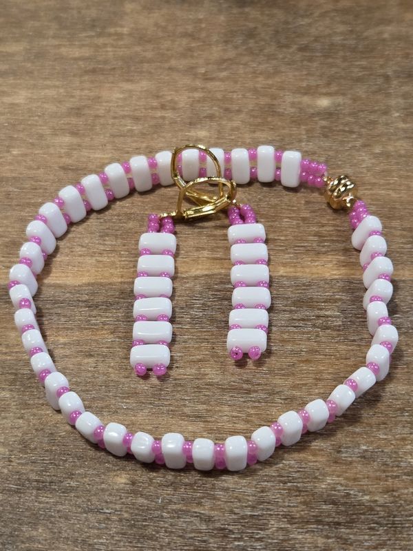 Boerman Bracelet Earring Set White Bars Pink Seed Beads