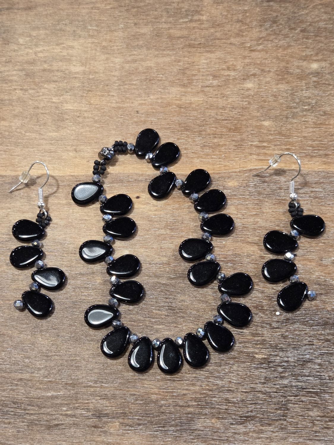 Boerman Bracelet Earring Set Black Pip w/ Silver Crystals